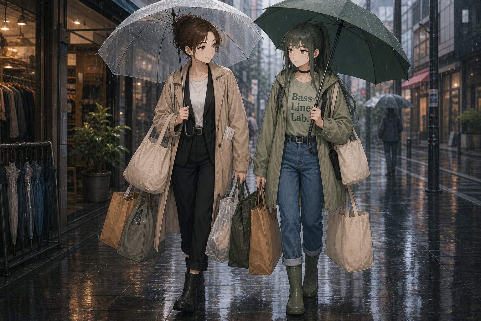 アヤとルリ - 雨の商店街で買い物袋を半分こ