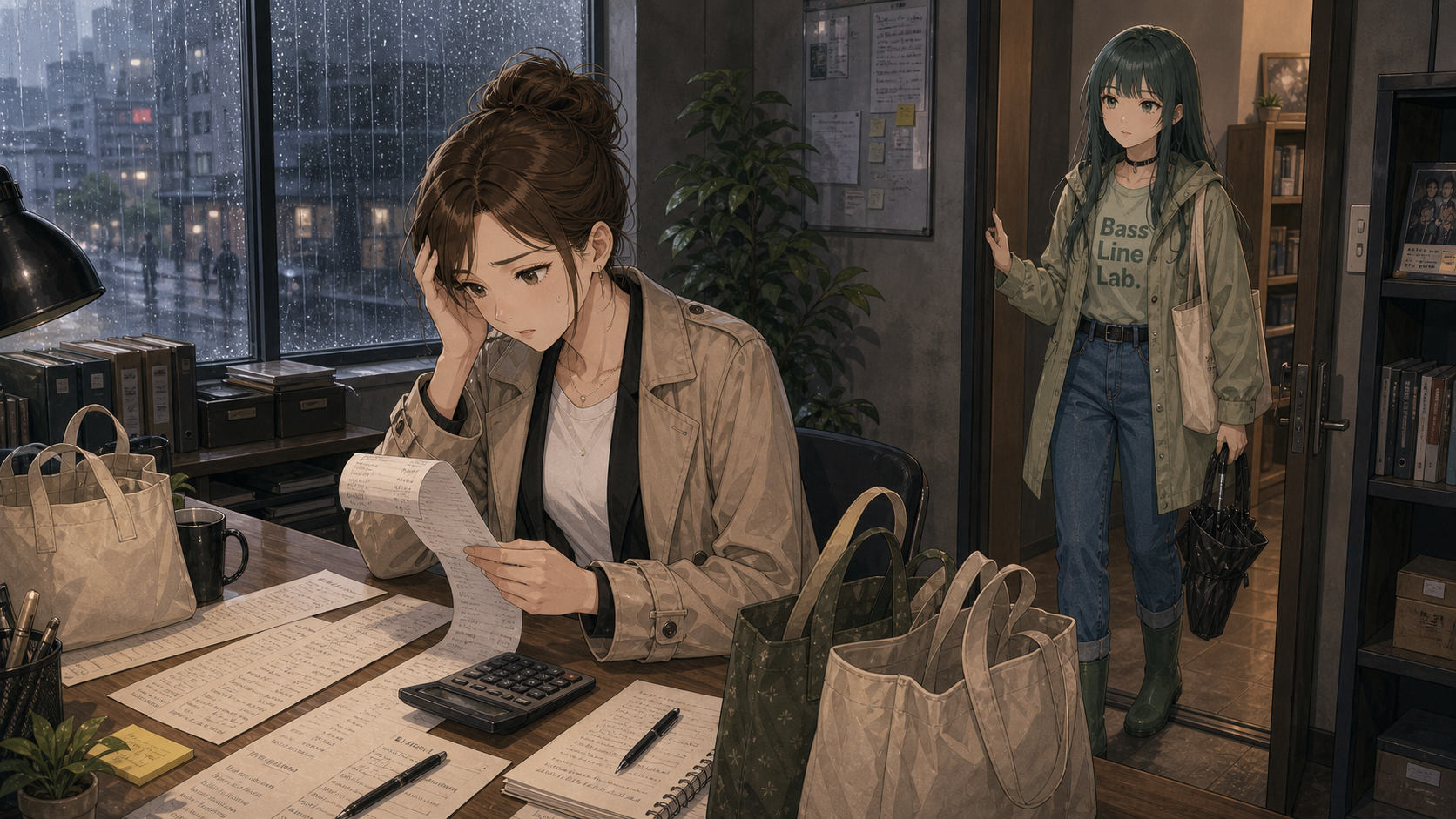 アヤとルリ - 事務所で買い出しリストを見る