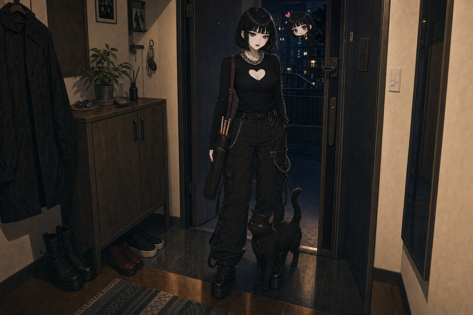 ツカサ - 出かける前の玄関で黒猫とドラムスティックバッグ