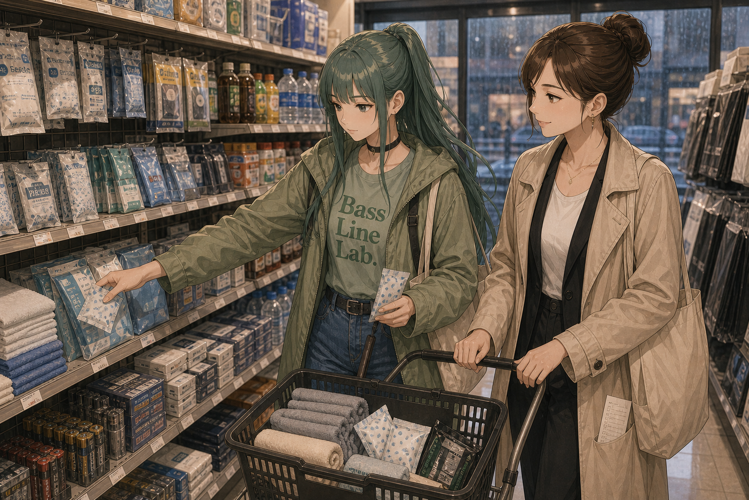 アヤとルリ - 店内で湿気対策用品を手分けして選ぶ