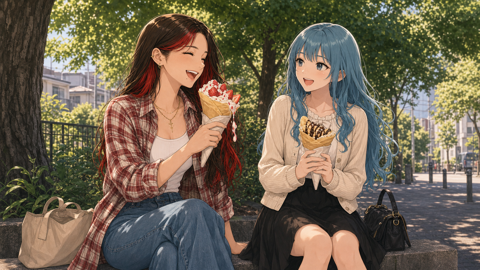 リコとモカ - 公園でクレープを食べる