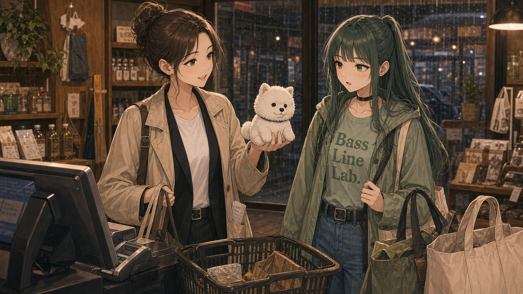 アヤとルリ - レジ前でサモエドぬいぐるみを買う