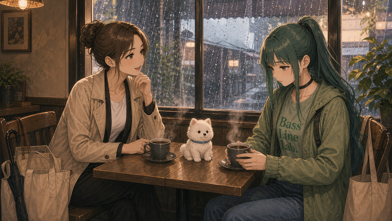 アヤとルリ - 雨宿りの喫茶店でサモエドをテーブルに置く