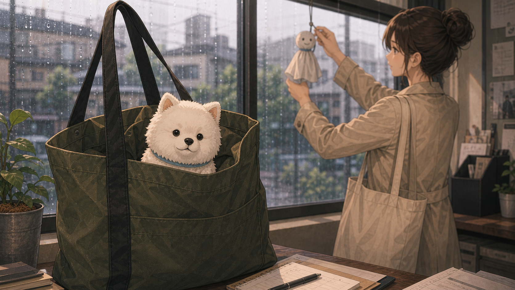 ルリ - トートバッグから小さいサモエドが顔を出す