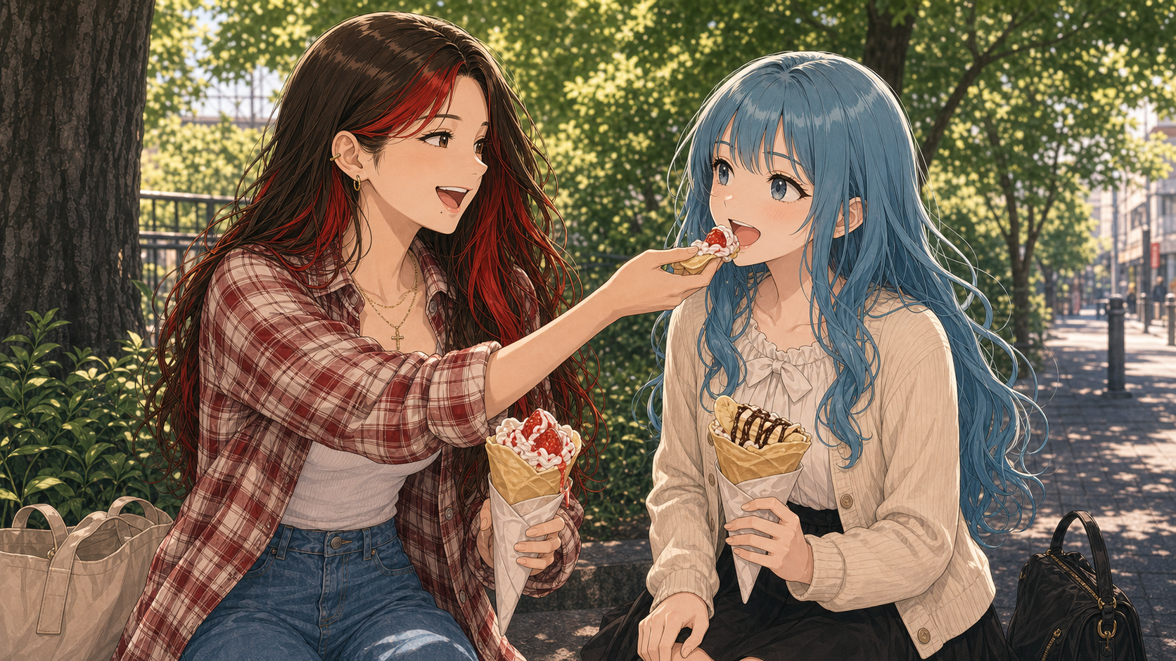 リコとモカ - 崩れたいちごクレープを分け合う
