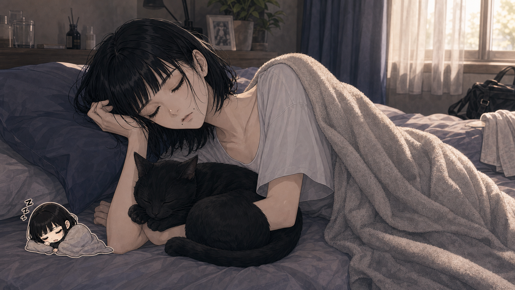 ツカサ - 帰宅後メイクを落として黒猫と眠る