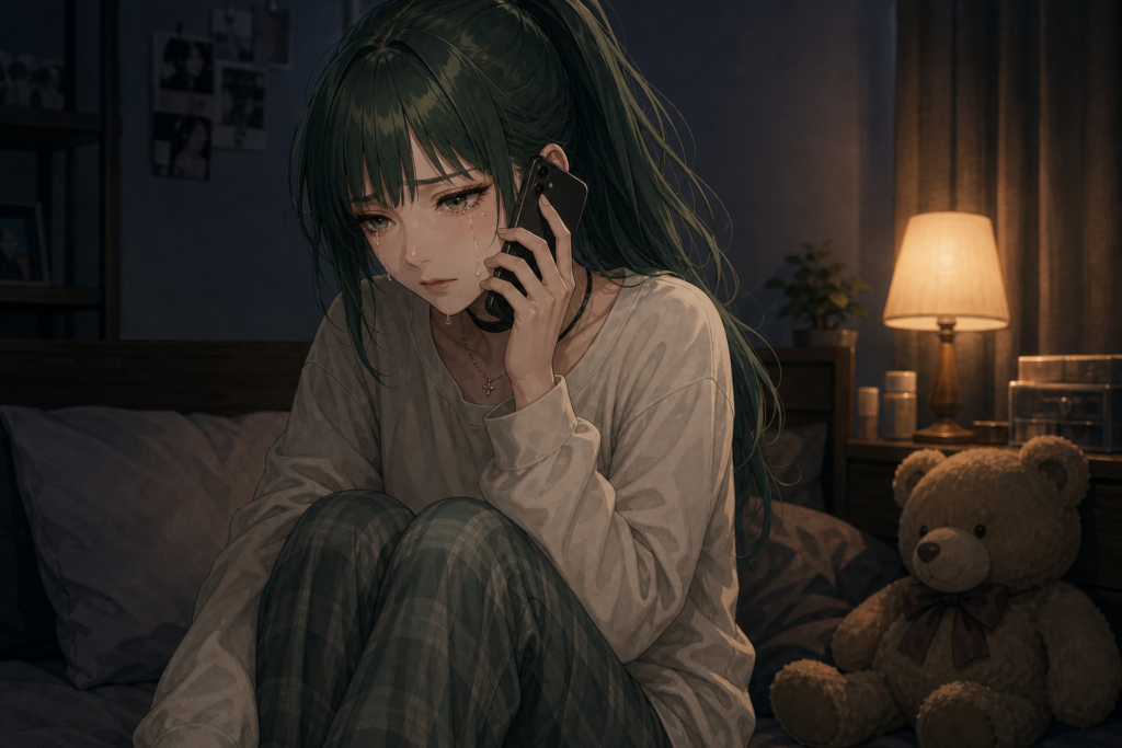 Code:Ripple v2 ruri - 夜の自室、暗い部屋でベッドに座り涙を流しながらスマホで兄に電話するルリ。クマのぬいぐるみとランプの暖色光。物語クライマッ