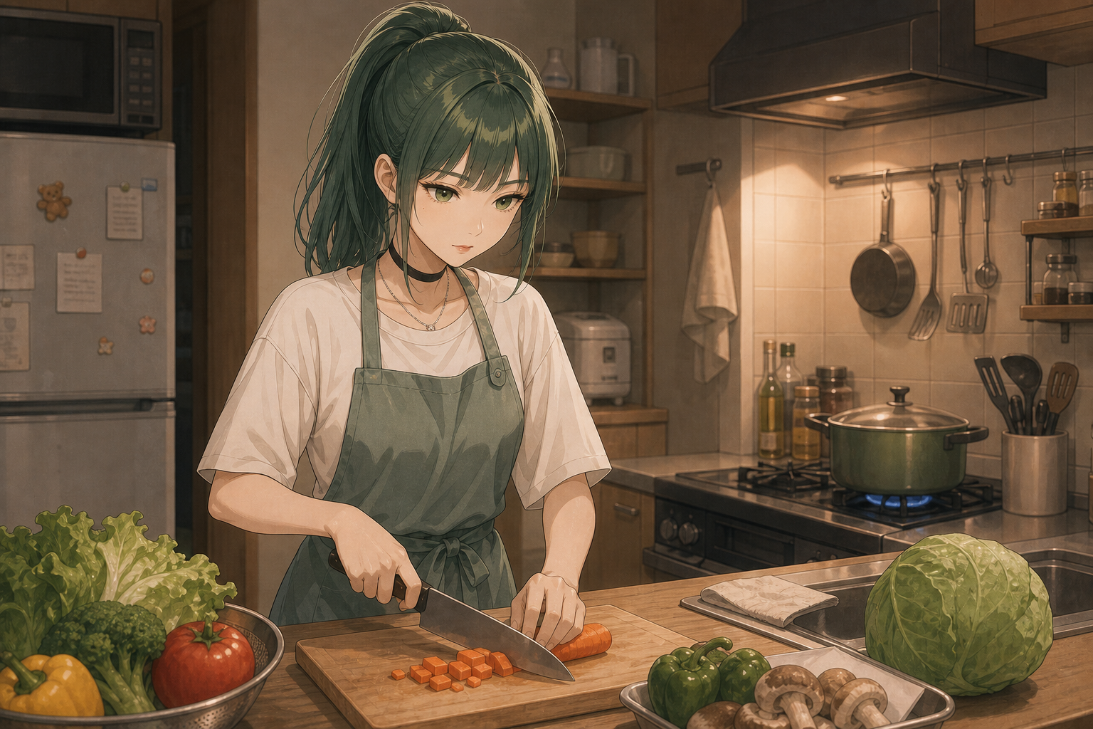 Code:Ripple v2 ruri - キッチンで弟たちのために野菜を刻み料理を作るルリ。ポニーテール、家事に追われる“やる側”の日常を表す挿絵。