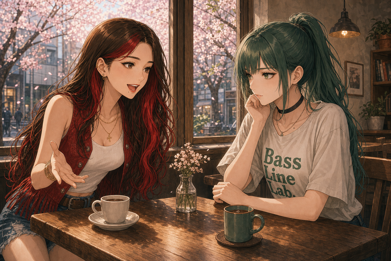 Code:Ripple v2 riko/ruri - 春のカフェでリコ(茶髪)とルリ(緑髪)が木のテーブルで再会。窓の外は桜。リコが「バンド一緒にやらん？」と誘う中心シーン。