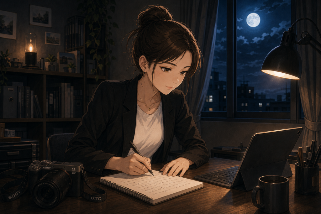 Code:Ripple v2 aya - 夜の自室、ダークブラウンのお団子のアヤが机で手書きで何かを書いている。窓の外に月。語り手アヤを象徴するアイキャッチ。