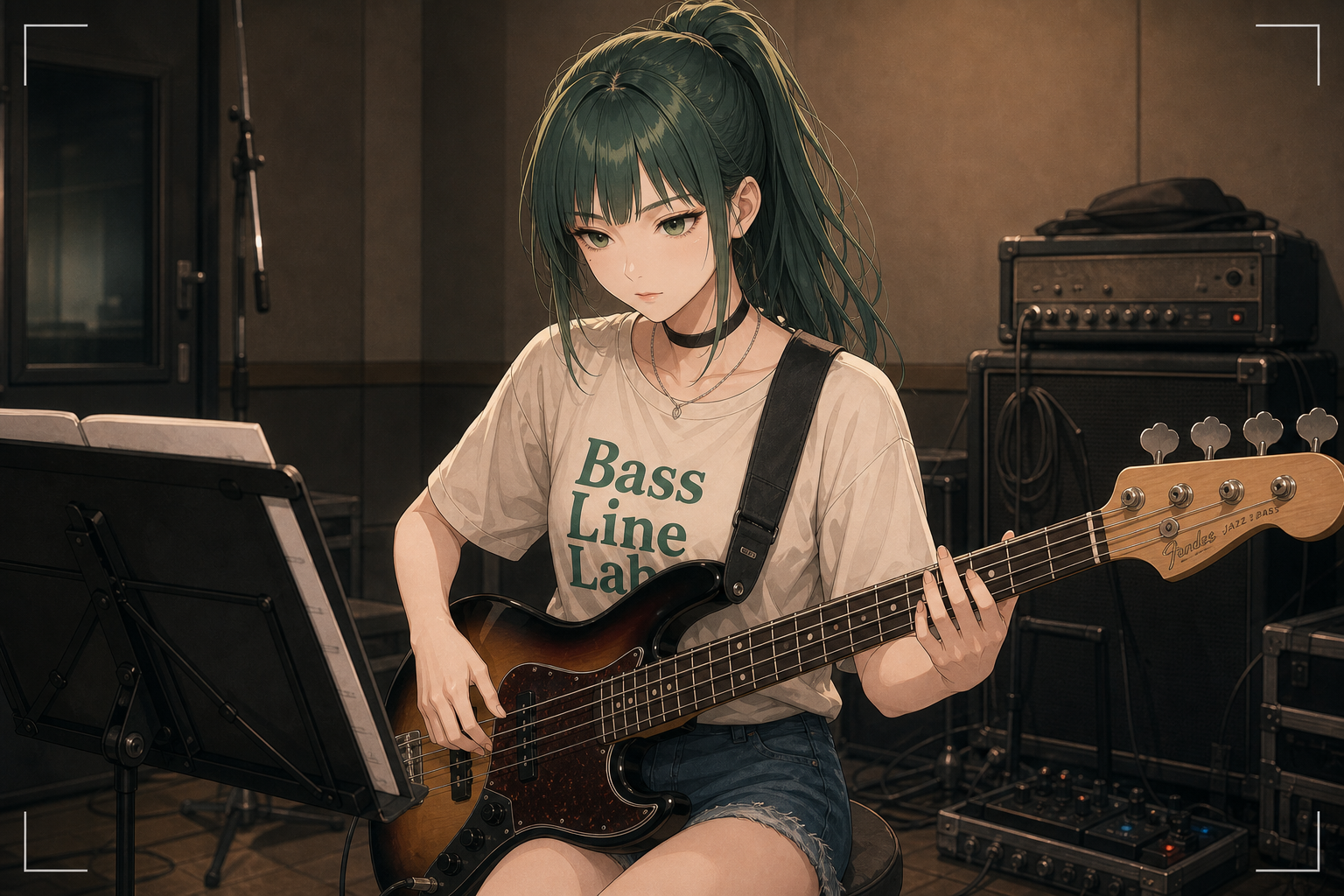 Code:Ripple v2 ruri - スタジオでアッシュグリーン髪・ぱっつん前髪のルリが譜面台を前にベースを構える。REC枠付き。3人目に加わったメンバーの挿