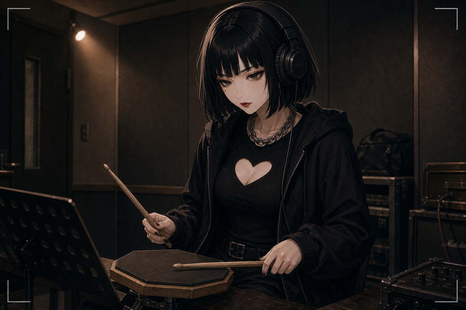 Code:Ripple v2 tsukasa - 漆黒ボブ・ぱっつんのツカサがヘッドホンを着け、練習パッドをスティックで叩く。REC枠付き。最後に加わったドラマーの挿絵。
