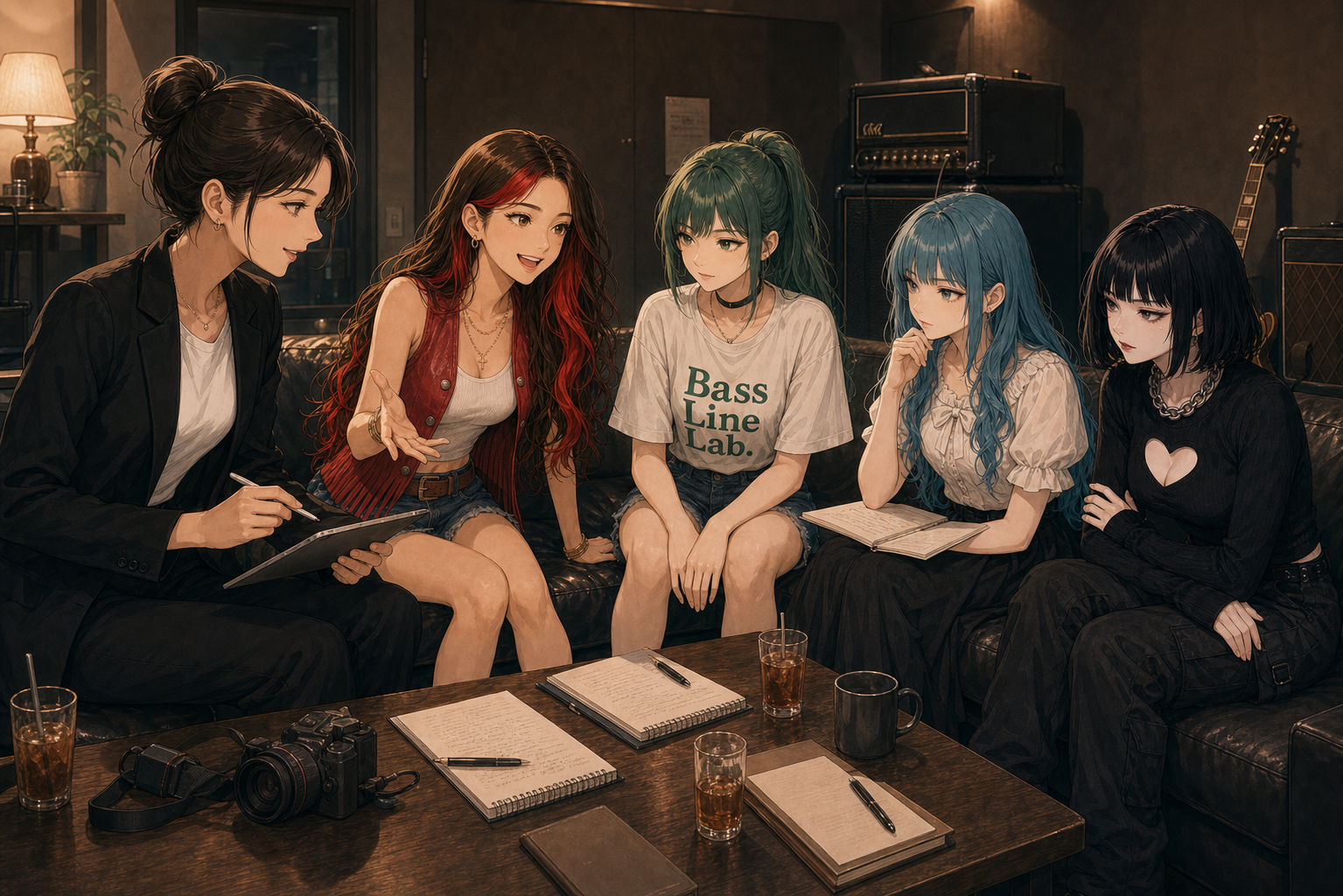 Code:Ripple v2 aya/moka/riko/ruri/tsukasa - リハスタのラウンジでの制作会議。左に立つアヤ(ダークブラウンお団子・黒テーラード)がタブレットを手に進行し、ソファに4人