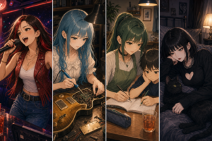 Code:Ripple v2 moka/riko/ruri/tsukasa - 4分割コラージュのアイキャッチ。左からリコ(熱唱)、モカ(ギターはんだ)、ルリ(弟の宿題を見る)、ツカサ(黒猫と添い寝)
