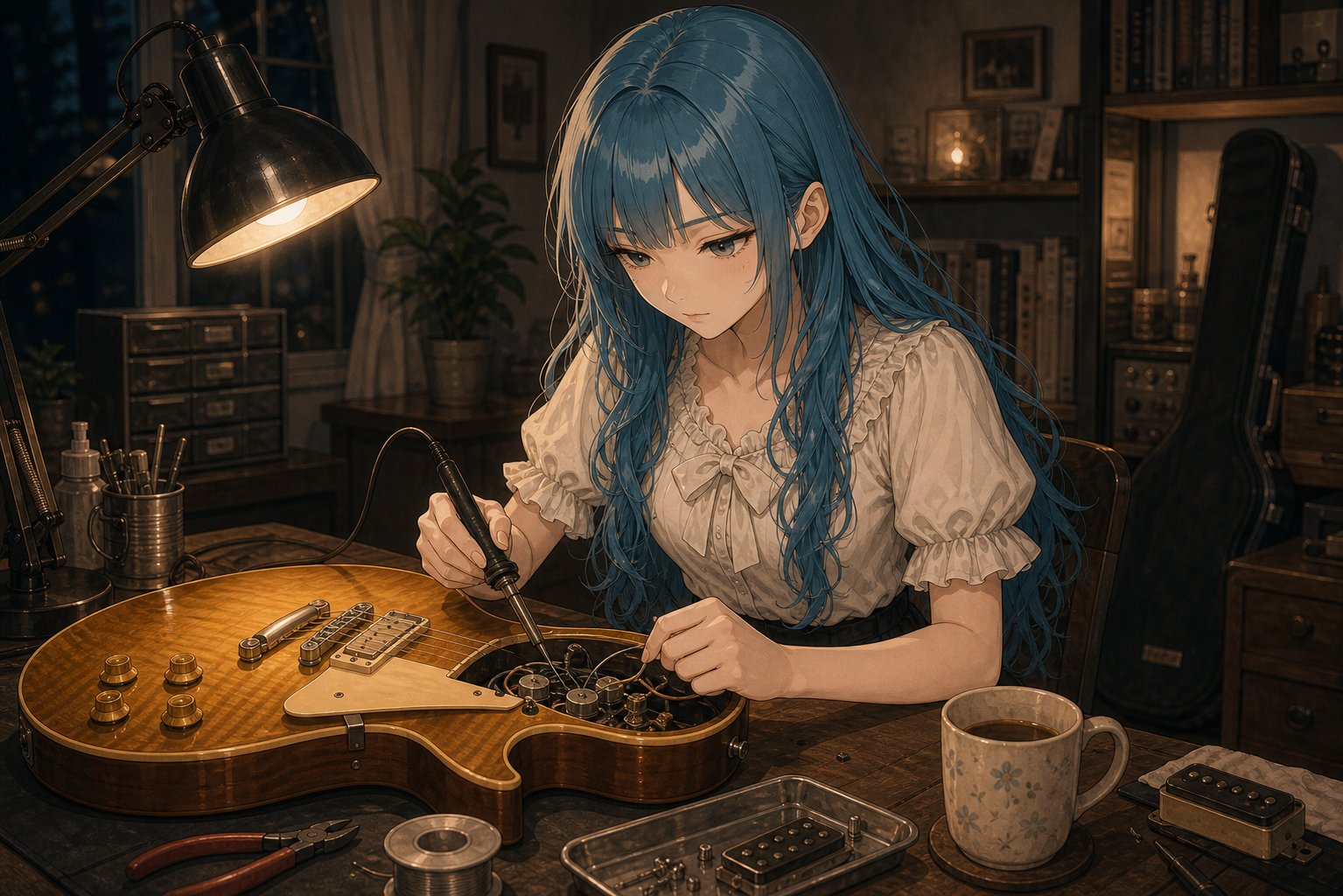 Code:Ripple v2 moka - モカが机でレスポールのピックアップ/配線をはんだ付けしているソロ挿絵。アクアの長髪、クリームのフリルブラウス、横にマグカ