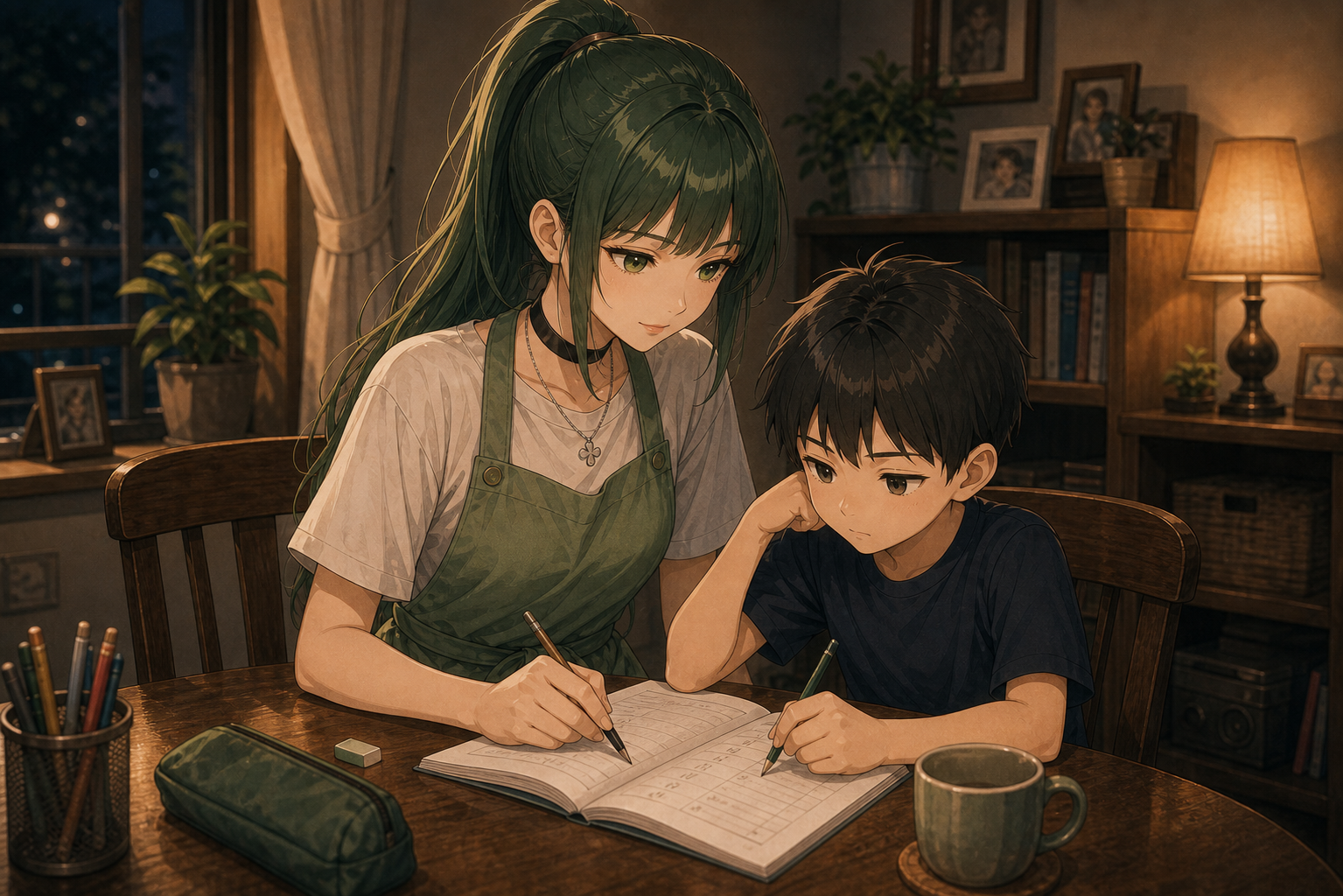 Code:Ripple v2 ruri - ルリがエプロン姿で弟(非メンバーの幼い男児)の宿題を見ているシーン。アッシュグリーンのぱっつん前髪。男児はキャラ外。