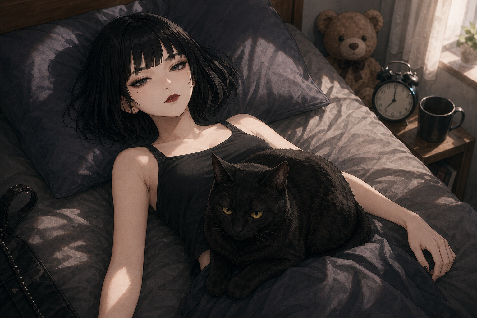 Code:Ripple v2 tsukasa - ツカサがベッドで横になり黒猫にお腹を圧迫されている寝起きシーン。漆黒ボブ、青白い肌、黒タンクトップ。枕元にクマと目覚まし