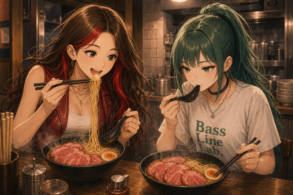 Code:Ripple v2 riko/ruri - ラーメン屋のカウンターで並んでラーメンを食べるリコ(左・茶髪＋赤インナー、麺をすする)とルリ(右・アッシュグリーンのポニ
