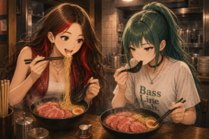 Code:Ripple v2 riko/ruri - ラーメン屋のカウンターで並んでラーメンを食べるリコ(左・茶髪＋赤インナー、麺をすする)とルリ(右・アッシュグリーンのポニ
