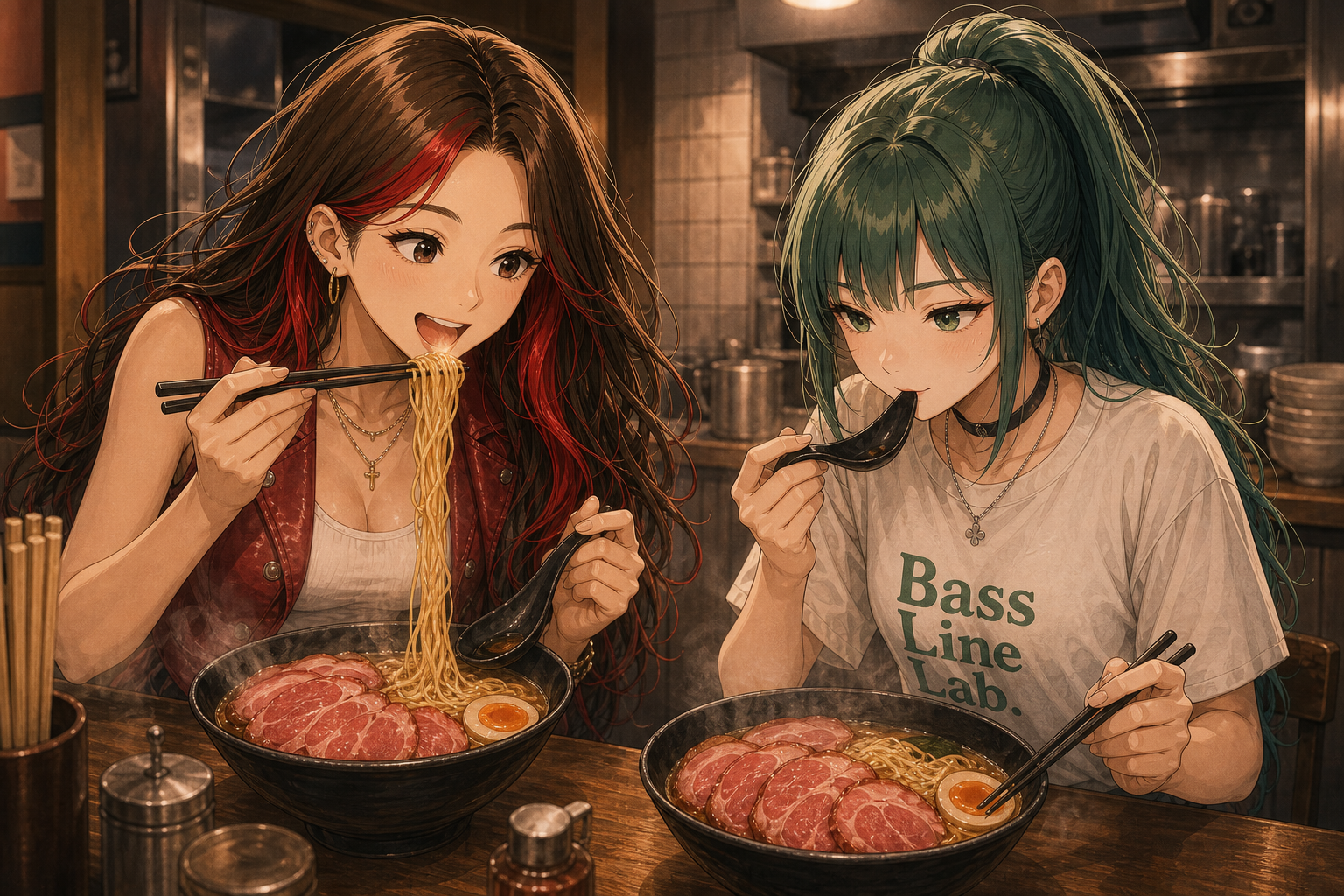 Code:Ripple v2 riko/ruri - ラーメン屋のカウンターで並んでラーメンを食べるリコ(左・茶髪＋赤インナー、麺をすする)とルリ(右・アッシュグリーンのポニ