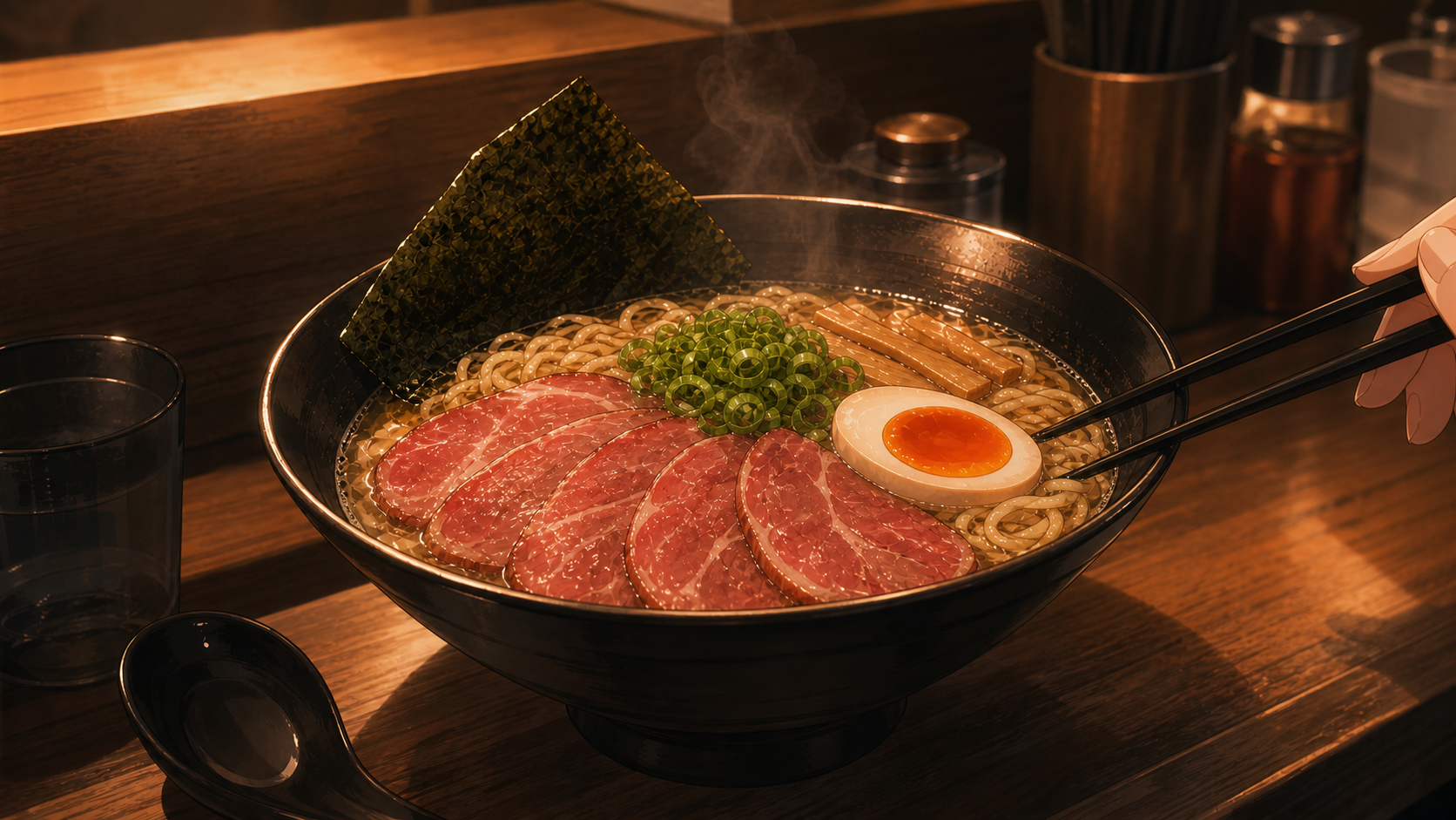 Code:Ripple v2 scene - スマホでチャーシュー（赤）と海苔がのったラーメンのドアップを撮影している手元。本文ラストの「届いたのはラーメンのドアップだけ」のシーン。手は写るがキャラ顔なし。
