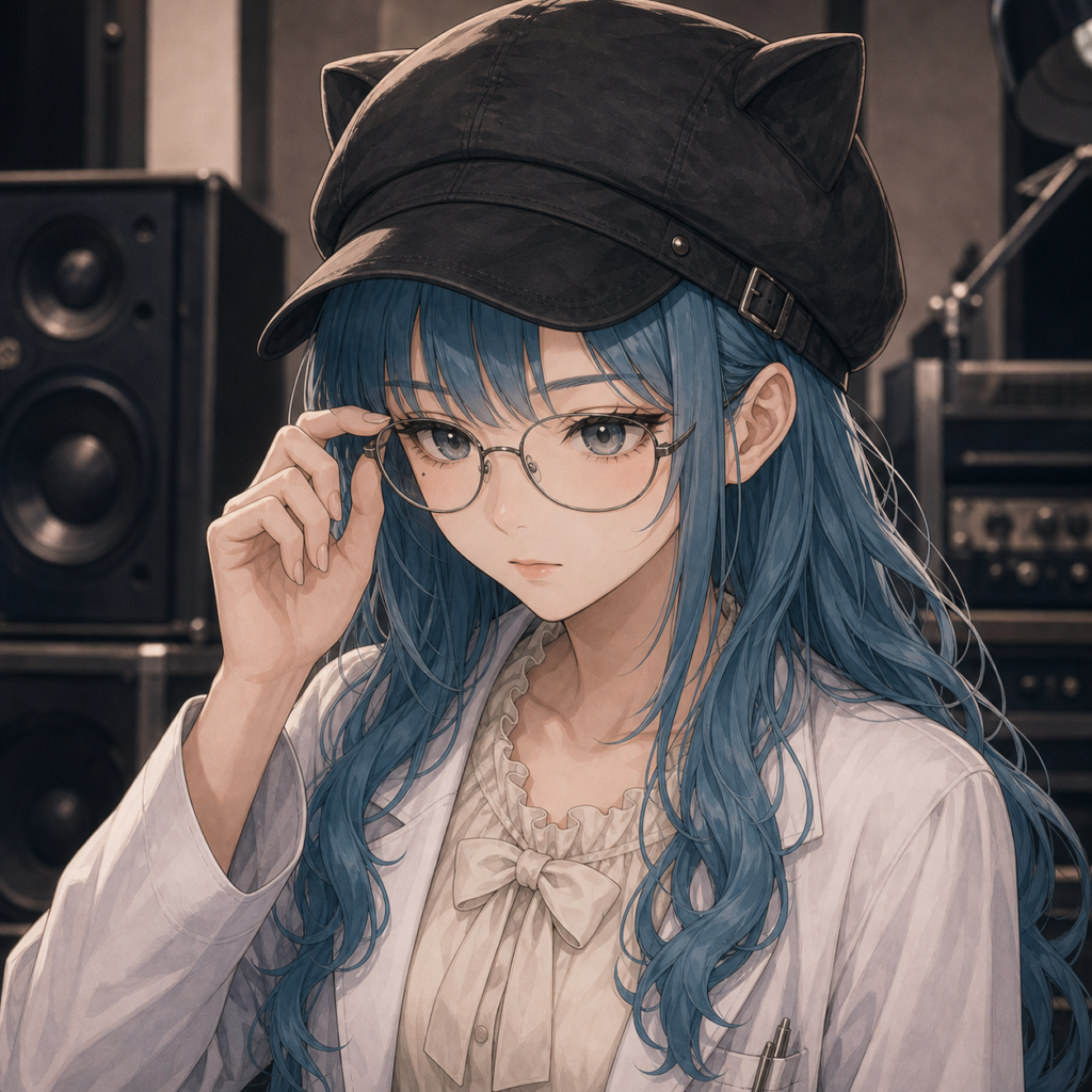 Code:Ripple v2 moka - 猫耳キャスケット＋眼鏡＋白衣風ジャケットのモカ、眼鏡に手を添えるバストアップ。スタジオ背景にスピーカー。アイキャッチ画像