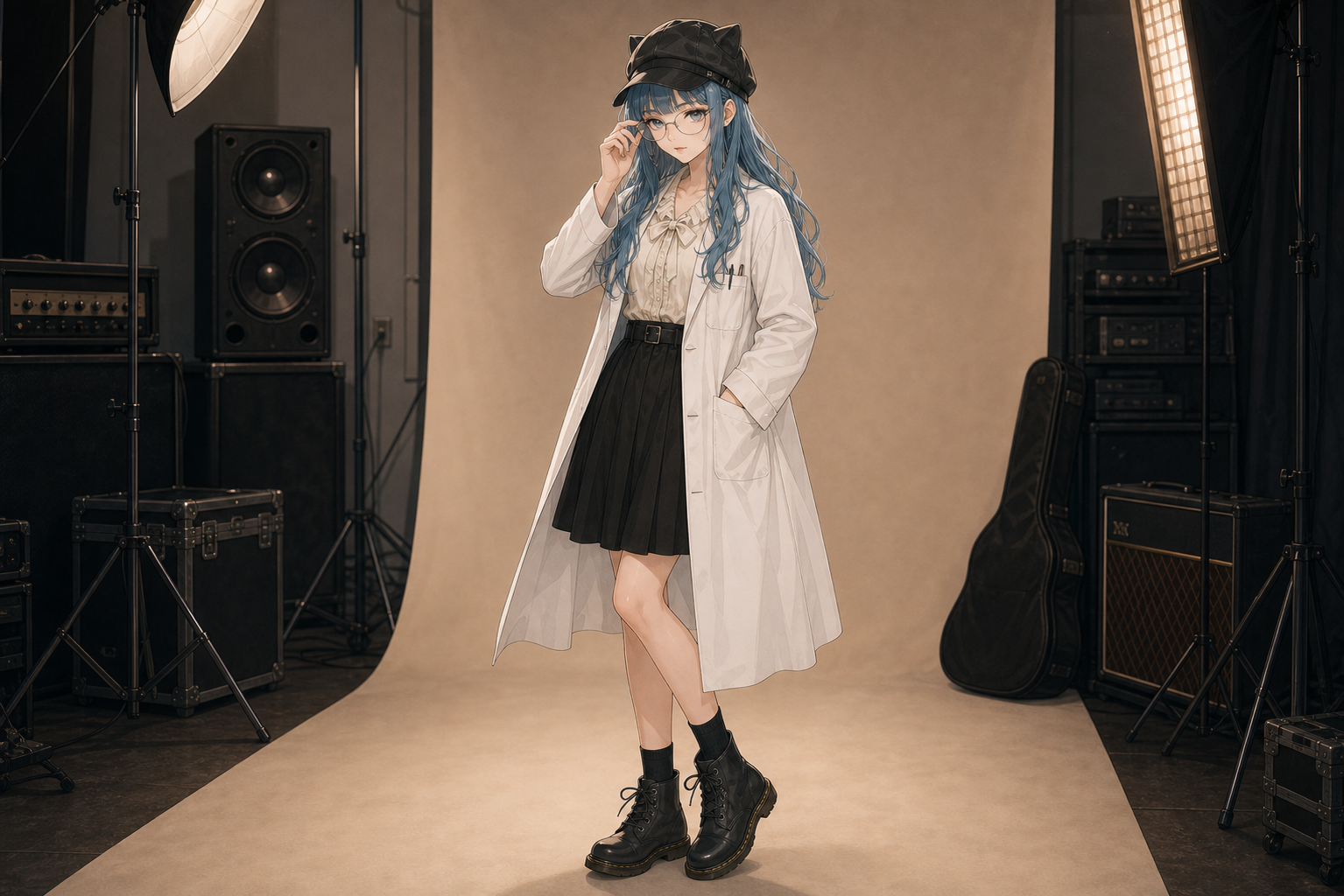 Code:Ripple v2 moka - 同コンセプトのモカ全身寄り。白衣+リボンブラウス+黒スカート、眼鏡に手を添える。理系女子ビジュアル撮影の決めカット。