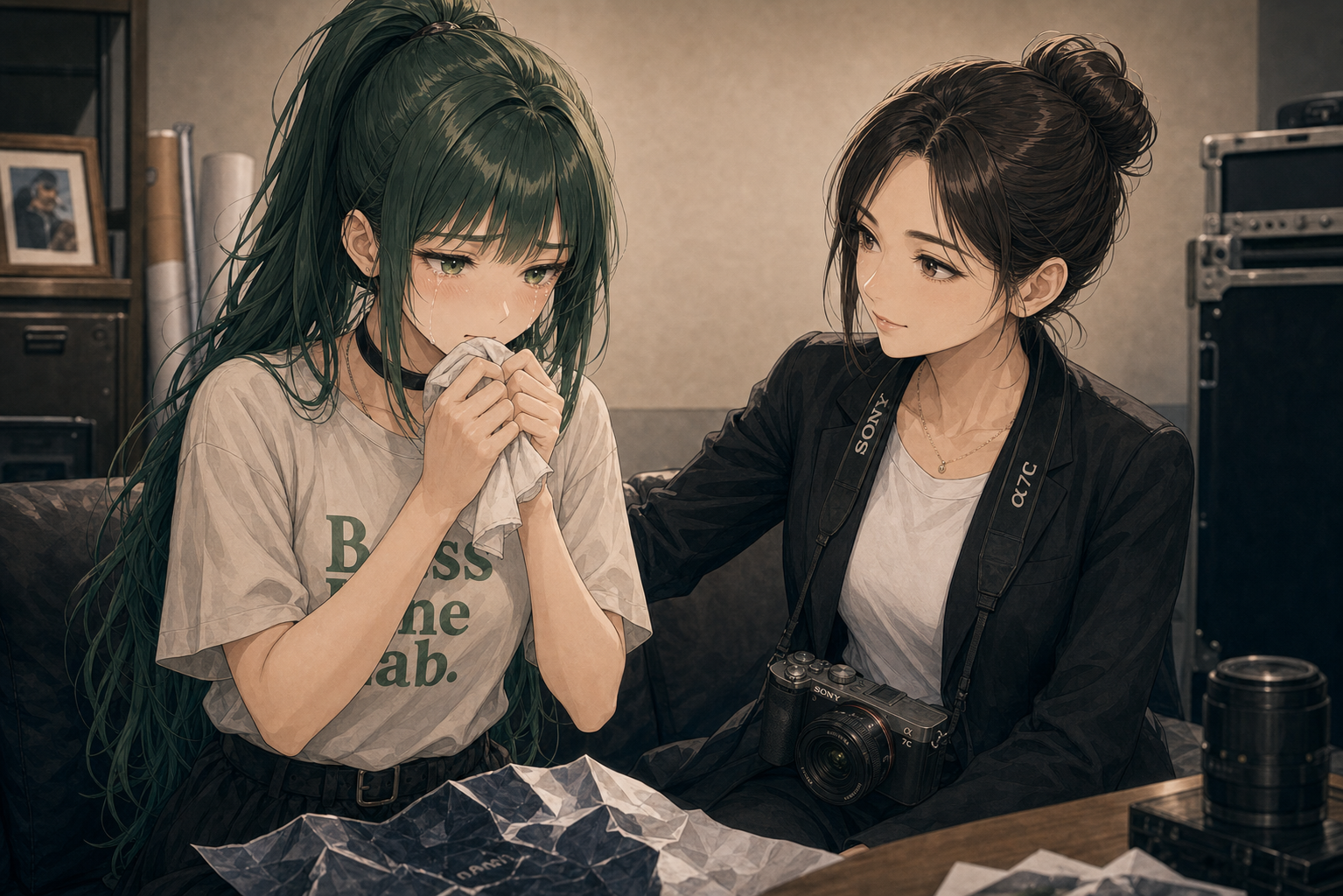 Code:Ripple v2 aya/ruri - BASS LINE LAB.Tシャツのルリが涙ぐみハンカチを握りしめ、黒テーラード+Sonyカメラを下げたアヤが見守るシ