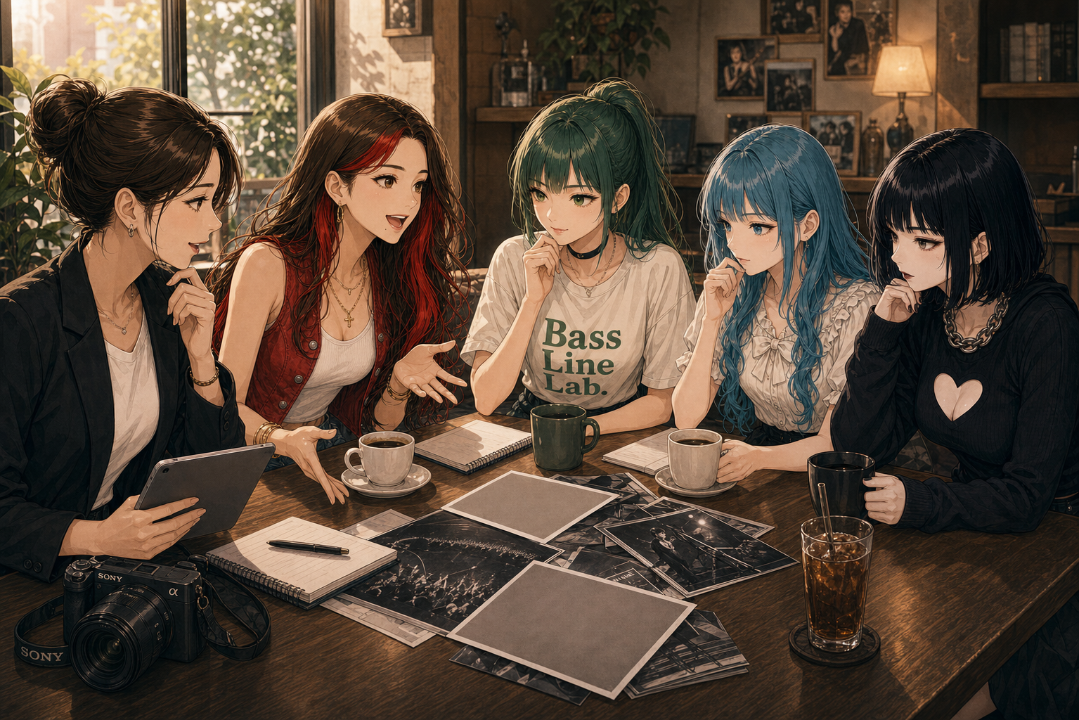 Code:Ripple v2 moka/riko/ruri/tsukasa - カフェのテーブルを囲む4人。リコ(茶髪・赤チューブトップ・笑顔)、モカ(アクア青髪・ベージュニット)、ルリ(緑髪・緑T)