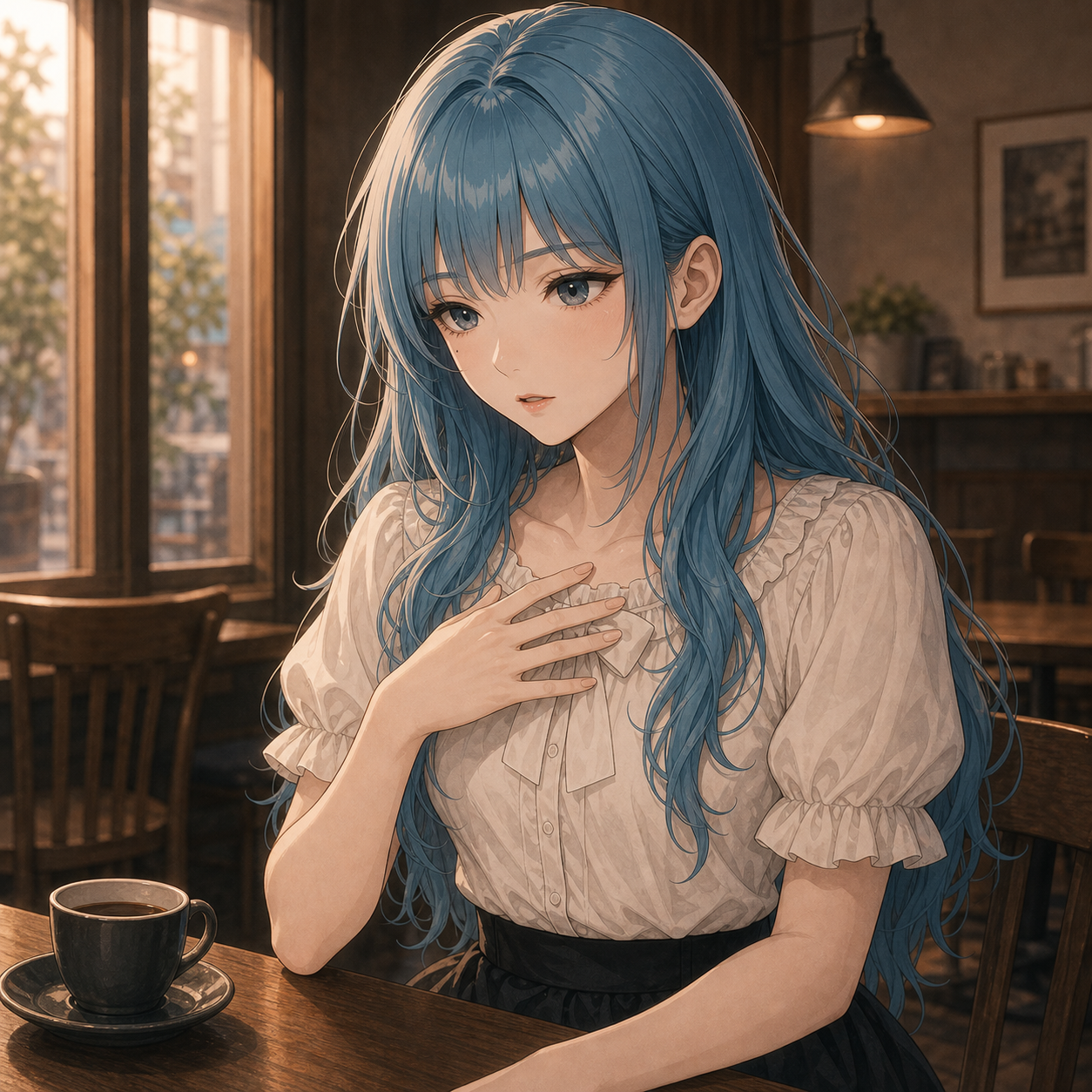 Code:Ripple v2 moka - モカのソロ。パステルアクアのロングヘア、クリーム/ベージュのニット、物静かな表情で胸に手を当てる。toe推し紹介の挿絵。