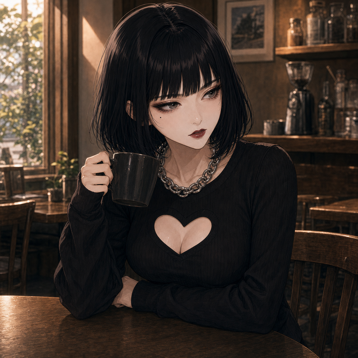 Code:Ripple v2 tsukasa - ツカサのソロ。漆黒ボブ＋ぱっつん、青白い肌、黒のニット、無表情でマグカップを持つ。tricot推し紹介の挿絵。