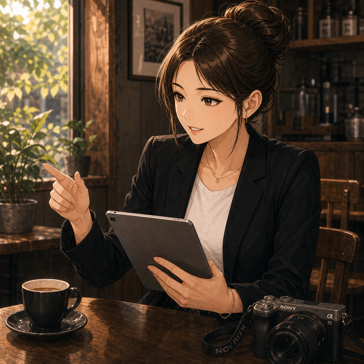 Code:Ripple v2 aya - アヤのソロ。ダークブラウンのお団子、黒テーラードジャケット＋白T、首からSony一眼カメラを下げる。タブレットとコーヒー
