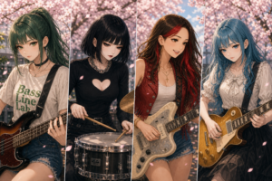 Code:Ripple v2 moka/riko/ruri/tsukasa - 桜背景の4分割コラージュ。左からルリ(P-bass)、ツカサ(スネア/黒ボブ)、リコ(笑顔でJazzmaster)、モカ