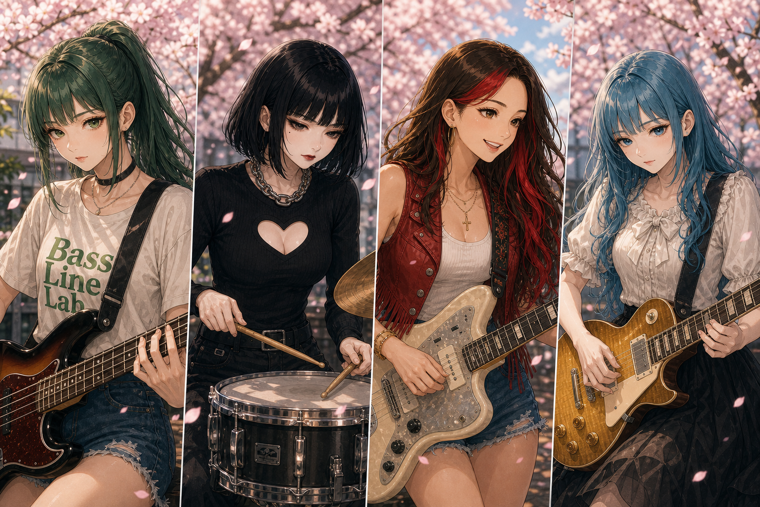 Code:Ripple v2 moka/riko/ruri/tsukasa - 桜背景の4分割コラージュ。左からルリ(P-bass)、ツカサ(スネア/黒ボブ)、リコ(笑顔でJazzmaster)、モカ