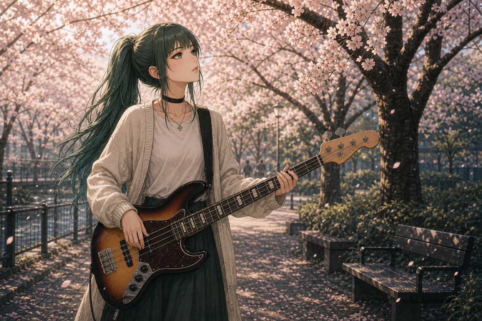 Code:Ripple v2 ruri - ルリのソロ。桜並木の朝の公園でサンバーストのプレシジョンベースを抱え、桜を見上げる。黒チョーカー、カーディガン姿。本文『