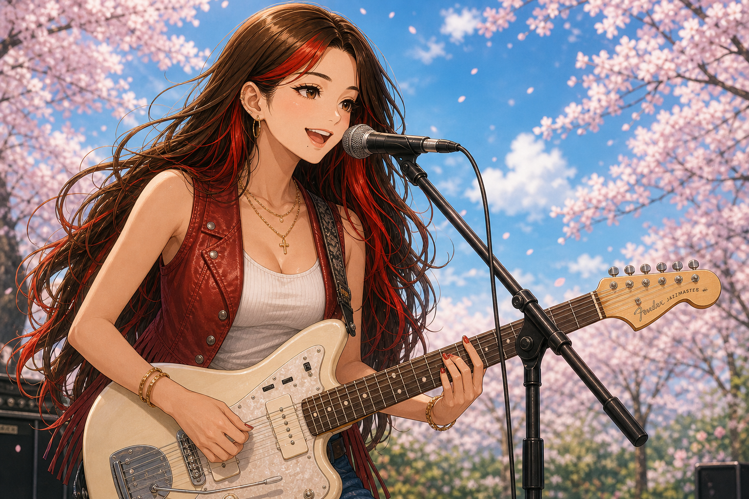 Code:Ripple v2 riko - リコのソロ。青空＆桜を背に、マイクに向かって満面の笑顔で歌いながらオフホワイトのJazzmasterを弾く。赤系のチュー