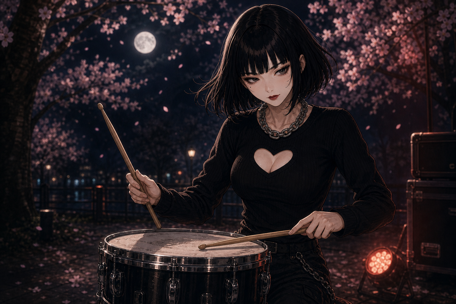 Code:Ripple v2 tsukasa - ツカサのソロ。夜桜を背景に、黒Tシャツ(胸元ハート抜き)＋チェーンネックレスでスネアをスティックで叩く。漆黒ボブ＋ぱっつ