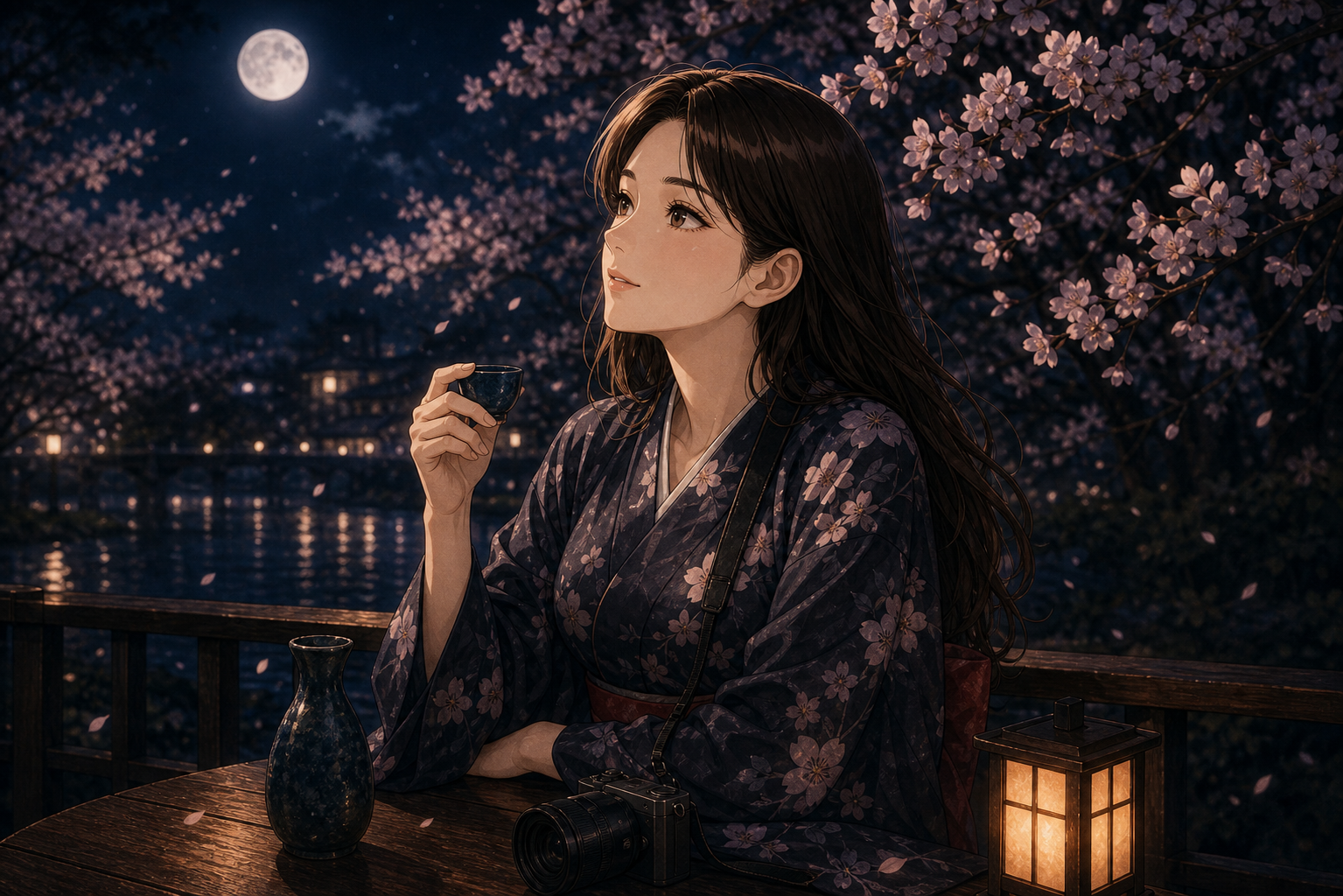 Code:Ripple v2 aya - アヤのソロ。満月の夜、桜の下でダークブラウンの髪を下ろし、桜柄の浴衣でお猪口(酒杯)を手に夜空を見上げる。本文締め『いつ