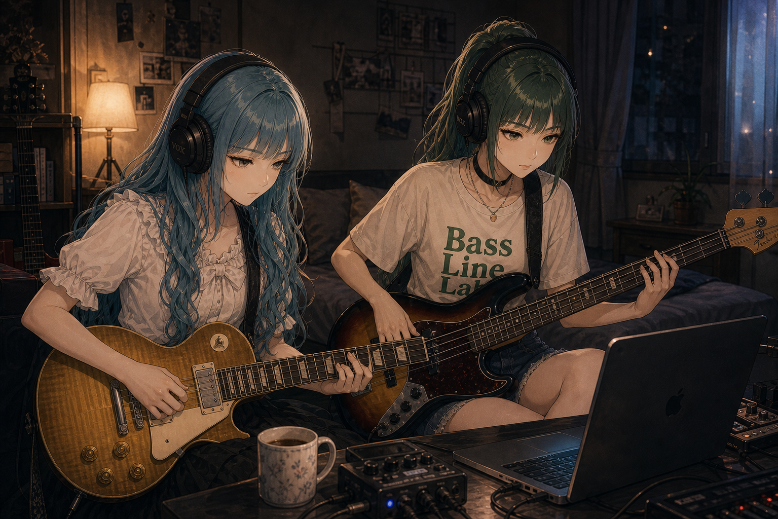 Code:Ripple v2 moka/ruri - モカの部屋でヘッドホンを着け、モカ(アクア髪・クリームのフリルブラウス・レスポール)とルリ(アッシュグリーン髪・Bass