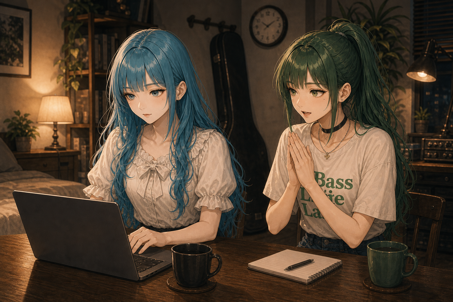 Code:Ripple v2 moka/ruri - テーブルでノートPCを操作するモカに、ルリが手を合わせて練習をお願いする冒頭の場面。マグカップ、壁の時計、ギターケース。