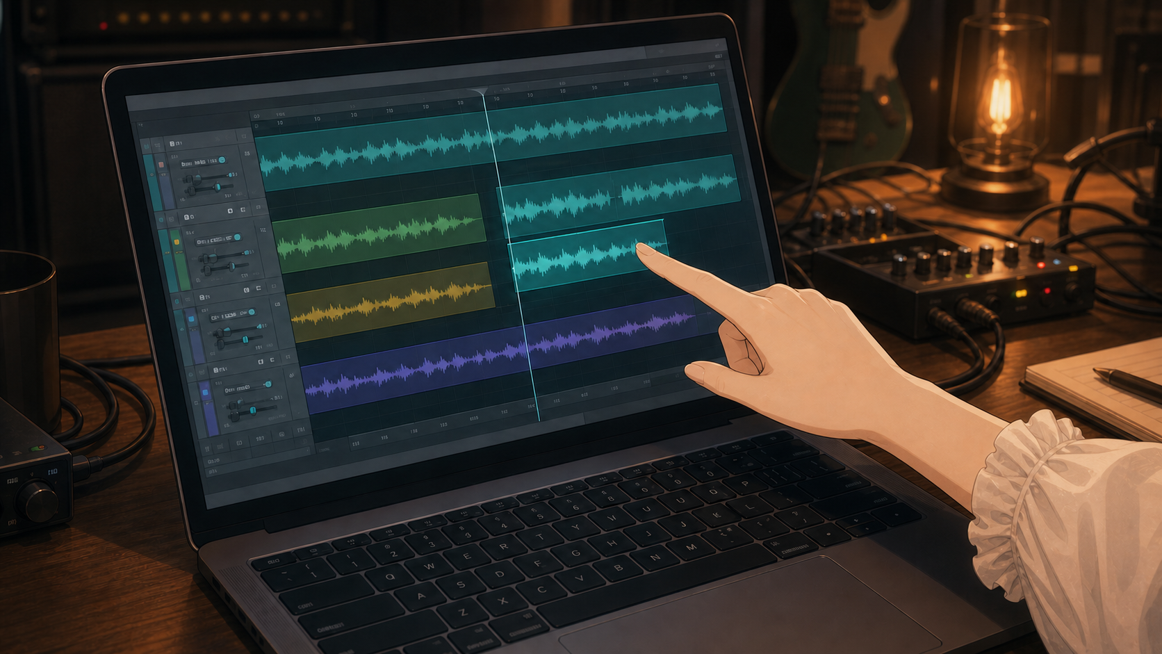 Code:Ripple v2 scene - MacBook ProのDAW画面(波形トラック)を指差すクローズアップ。手と袖のみ写り顔は無し。録音波形を確認する描写の挿絵。