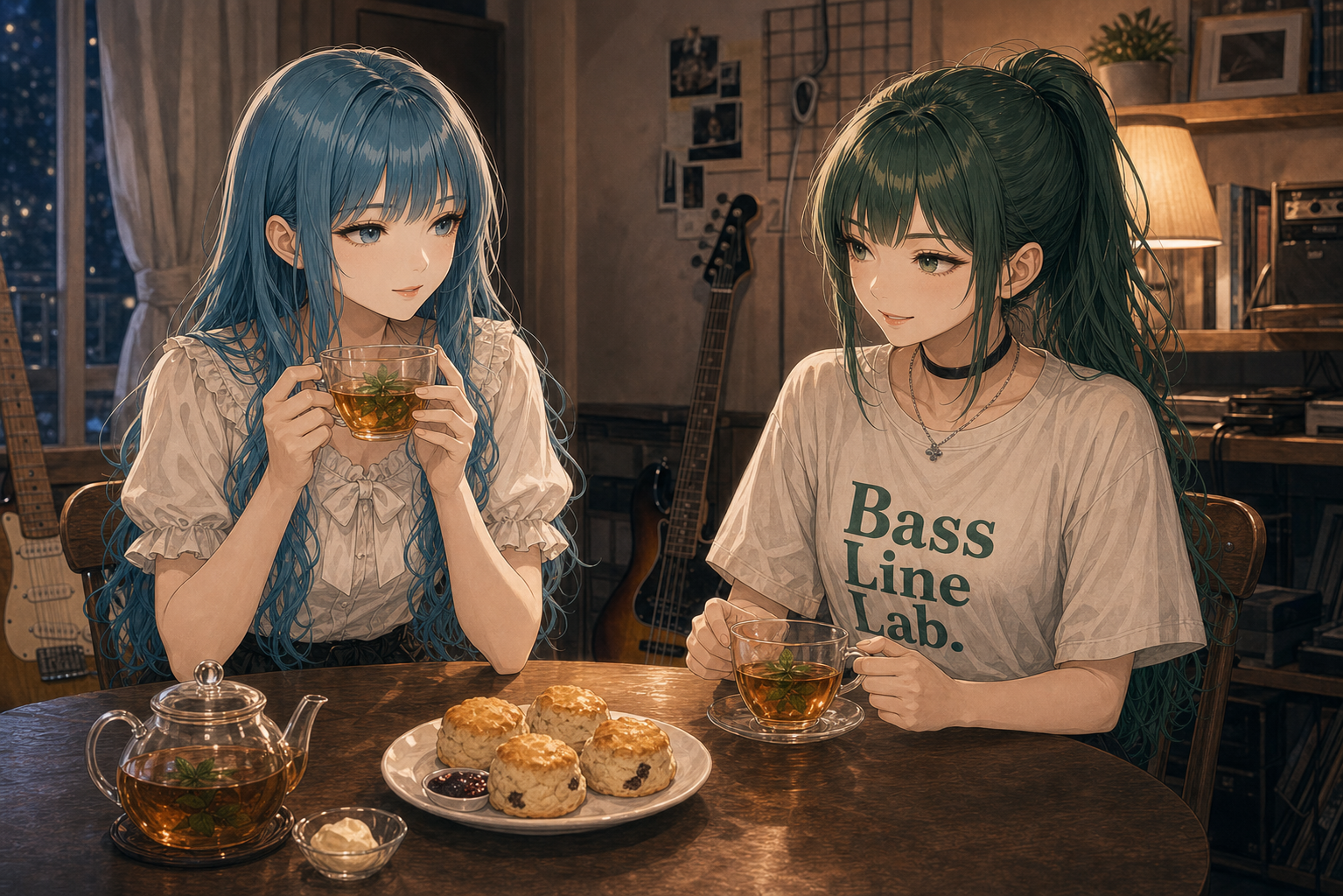 Code:Ripple v2 moka/ruri - 練習後、笑顔でスコーンとミントティー/ルイボスティーを楽しむモカとルリ。背景にベース。集中が信頼に変わるラストの和やかな