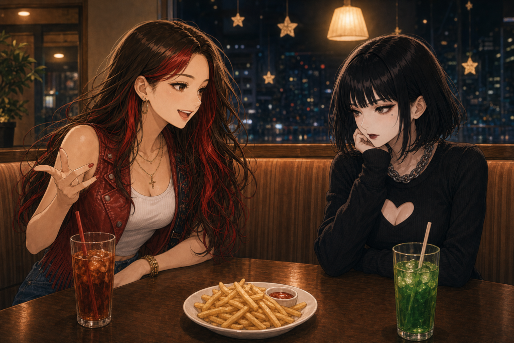 Code:Ripple v2 riko/tsukasa - 夜のファミレスのボックス席で向かい合うリコとツカサ。テーブルにはドリンク2杯(赤いアイスティーと緑のソーダ)とフライドポ