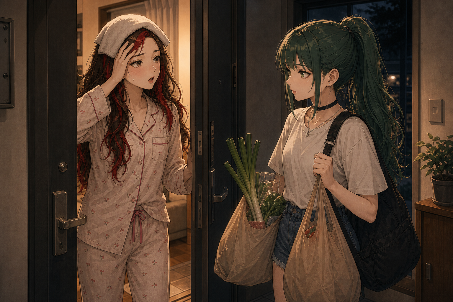 Code:Ripple v2 riko/ruri - パジャマ姿でタオルを頭に巻いたリコが玄関で出迎え、スーパーの買い物袋(ネギが覗く)を抱えたルリが訪れた到着シーン
