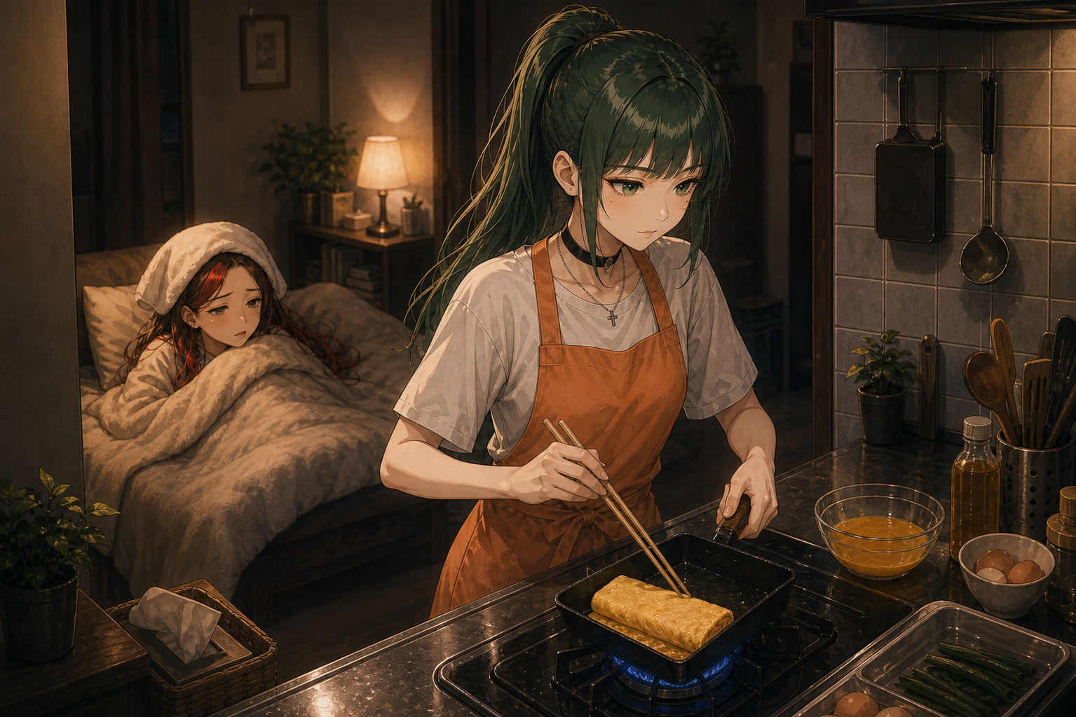 Code:Ripple v2 riko/ruri - オレンジのエプロンを着けたルリが台所でフライパンを使い出汁巻き卵を焼き、背景の布団でリコが眠っている調理シーン