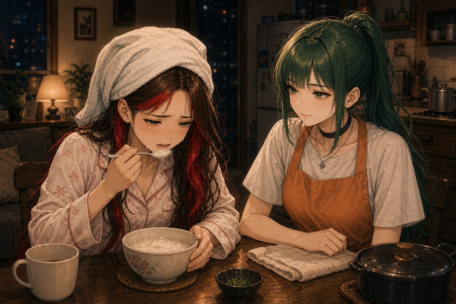 Code:Ripple v2 riko/ruri - 頭にタオルを巻いたリコがおかゆを食べながら涙を流し、隣でエプロン姿のルリが微笑んで見守るクライマックス場面