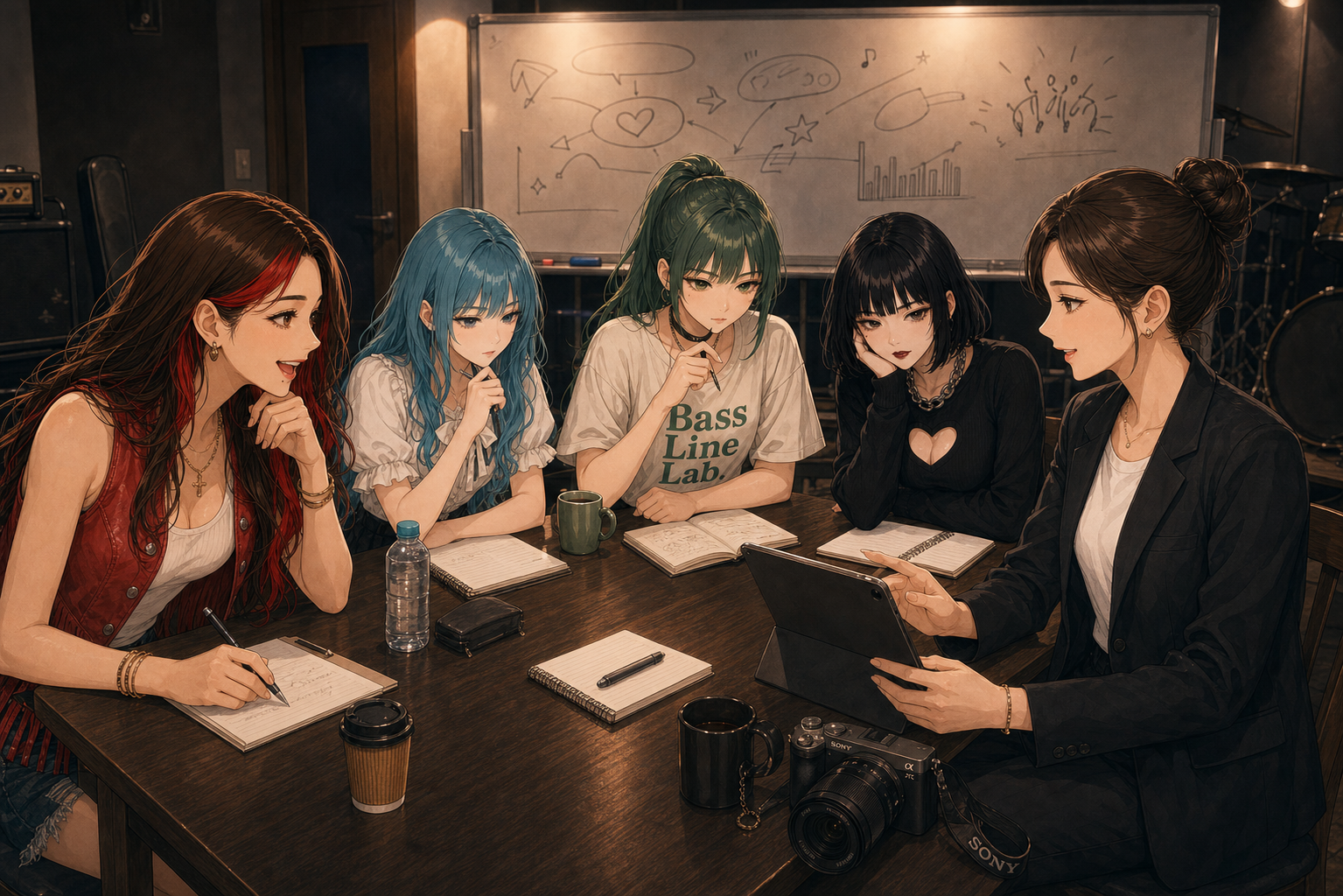 Code:Ripple v2 aya/moka/riko/ruri/tsukasa - スタジオのテーブルを囲む5人。背後のホワイトボードに『略称:コドリプ ファン名:リプラー』と書かれた、略称・ファンネーム