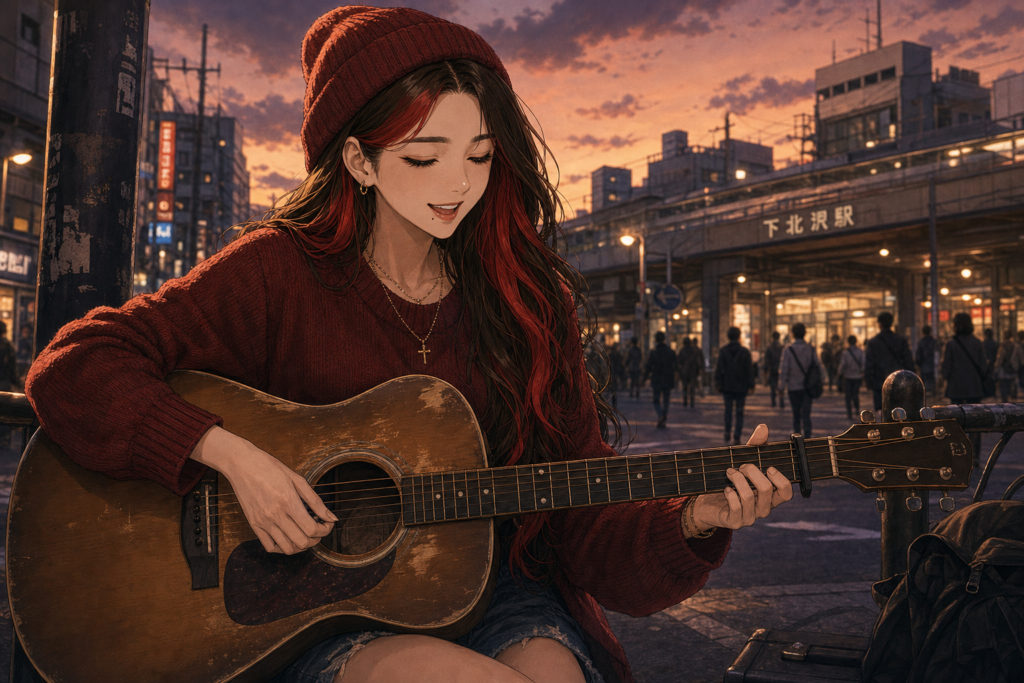 Code:Ripple v2 riko - 夕暮れの下北沢駅前で、赤いニット帽と赤いセーター姿のリコが目を閉じてアコギを弾きながら路上で歌っている。背景に通行人の影