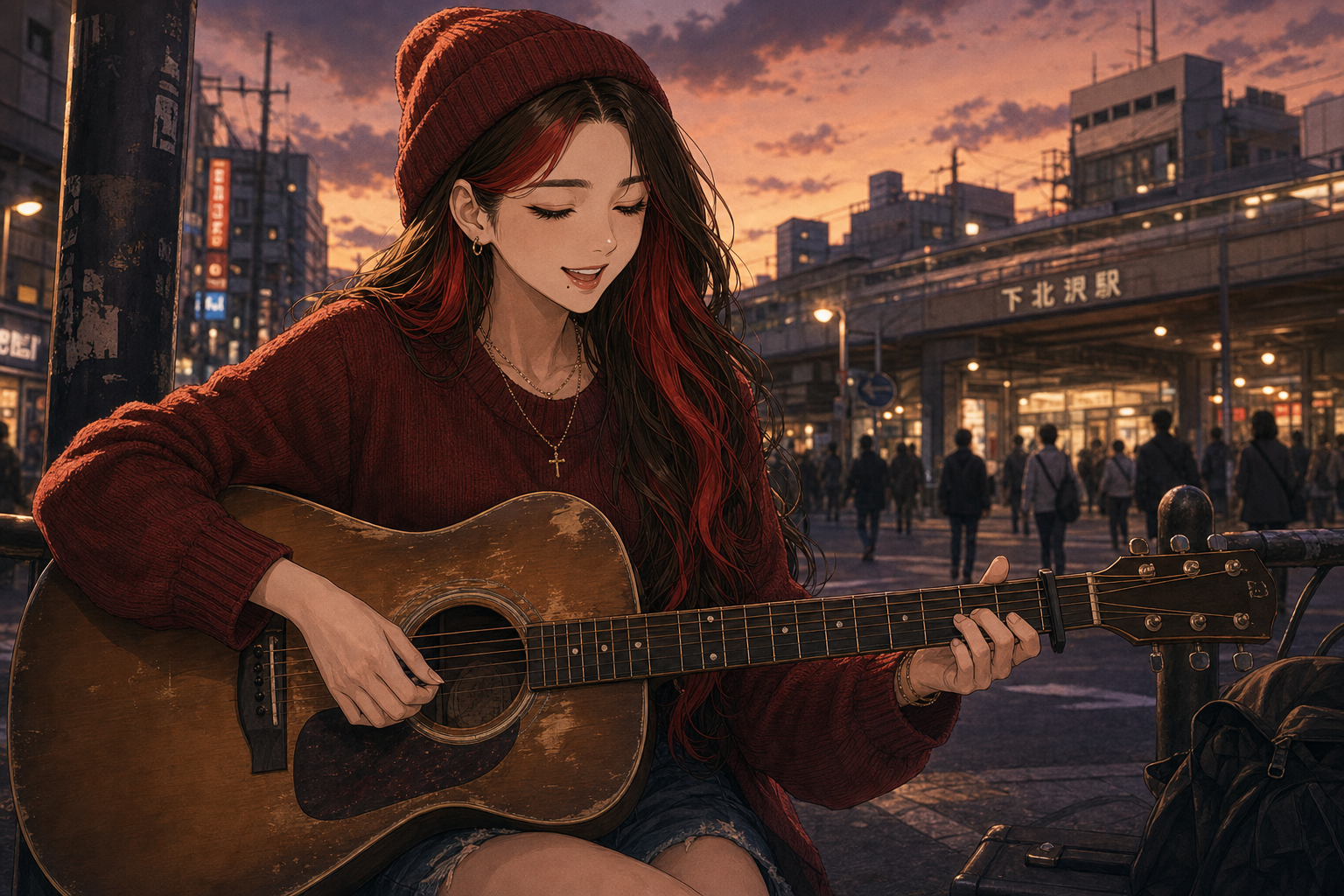 Code:Ripple v2 riko - 夕暮れの下北沢駅前で、赤いニット帽と赤いセーター姿のリコが目を閉じてアコギを弾きながら路上で歌っている。背景に通行人の影