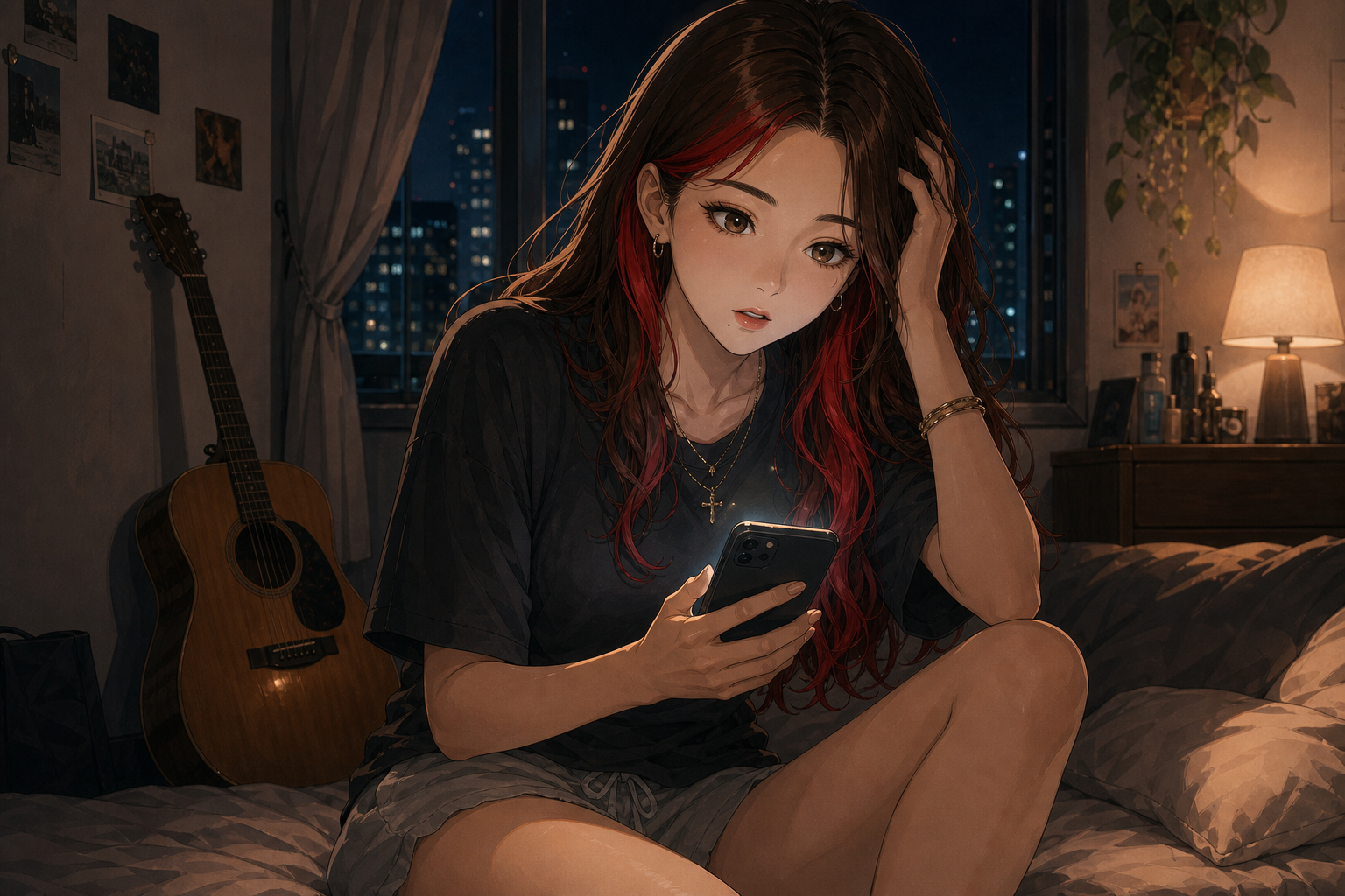 Code:Ripple v2 riko - 夜の自室。ベッドに座ったリコが片手で髪に触れながらスマホを見つめる。壁際にアコギが立てかけてある。窓の外は夜景。moka